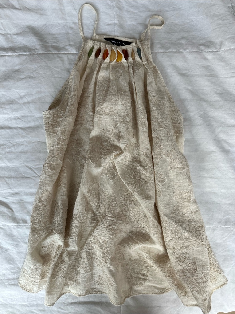 Urban Renvivo Cream Textured Halter Top with Rainbow Stone Crystal Accent